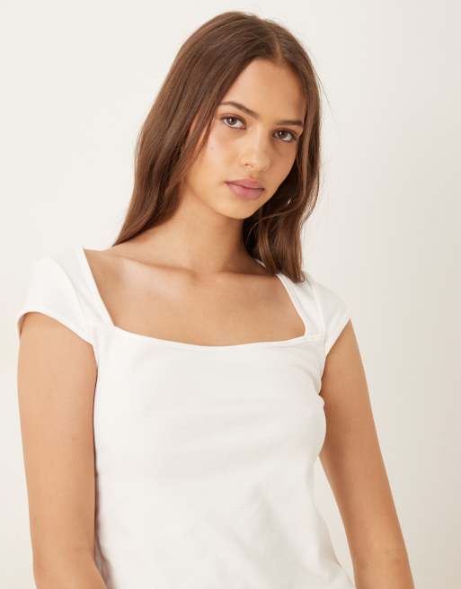 Mango - T-shirt met vierkante hals in crème, 2 van 4