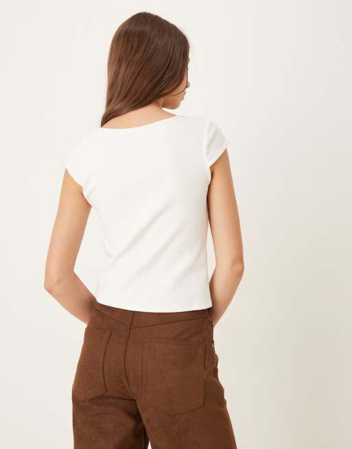 Mango - T-shirt met vierkante hals in crème, 3 van 4