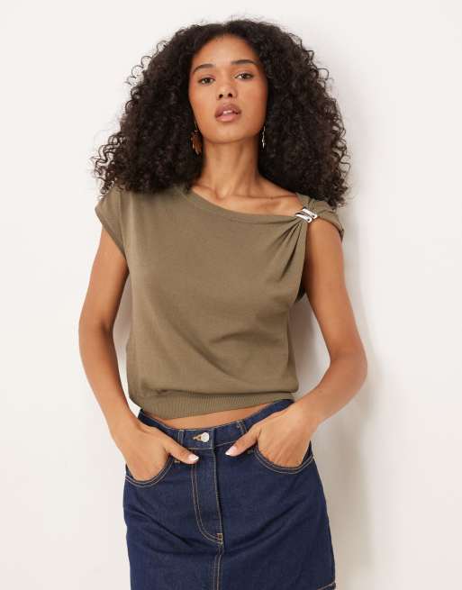 Mango - T-shirt monospalla marrone con dettaglio arricciato