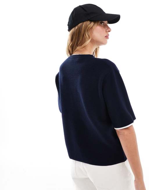 Mango - T-shirt oversize nera in maglia con bordi a contrasto, 4 di 4
