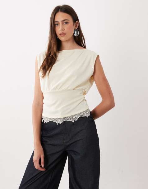Mango T-shirt senza maniche con bordo in pizzo giallo burro - view 1