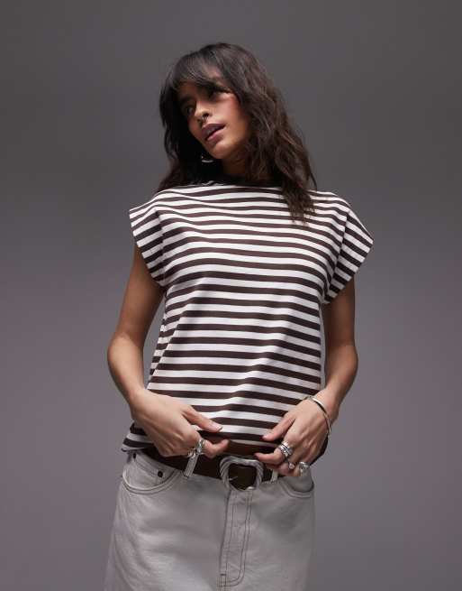Mango - T-shirt senza maniche con spalle accentuate marrone a righe