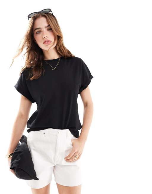 Mango - T-Shirt squadrata con risvolto, colore nero