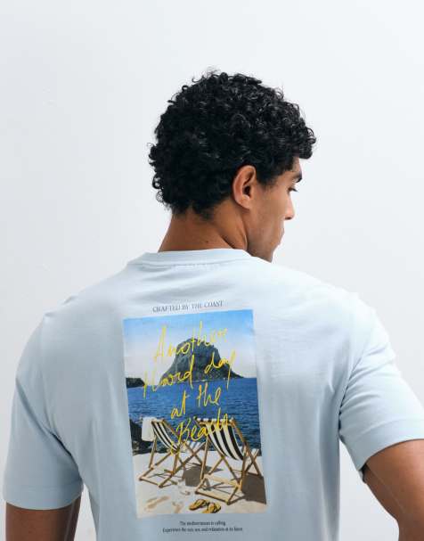 Mango - T-shirt van 100% katoen met grafische 'Crafted by the coast'-print in lichtblauw - view 1