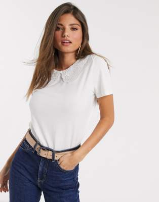 Mango t-shirt with collar detail in white