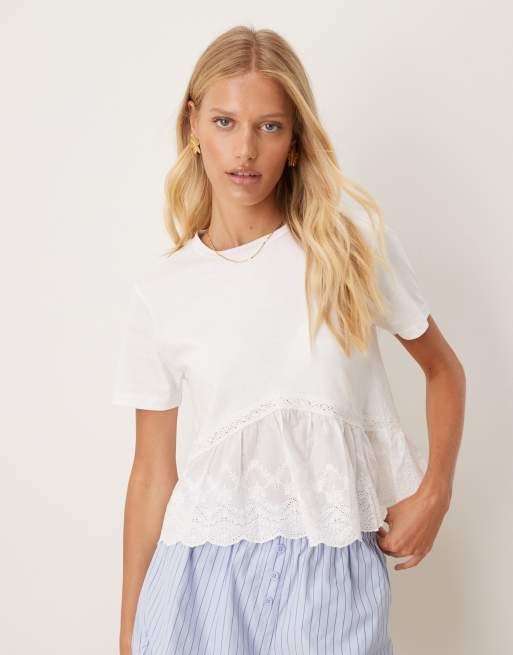 Mango t-shirt with lace pep hem in white 