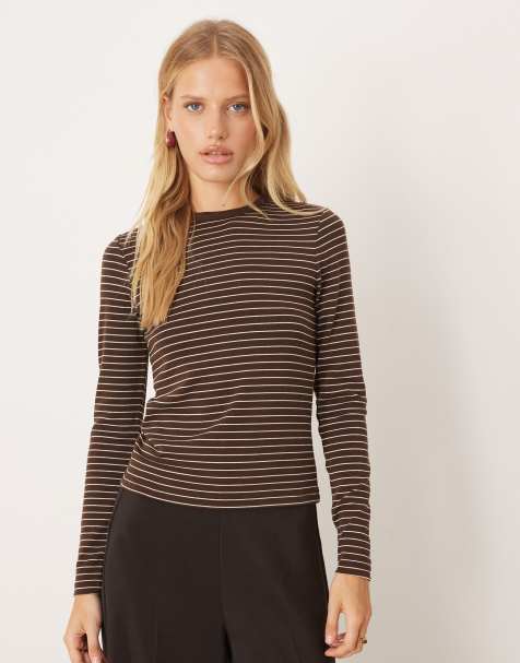 Mango cotton mix long sleeve t-shirt in brown and cream pinstripe