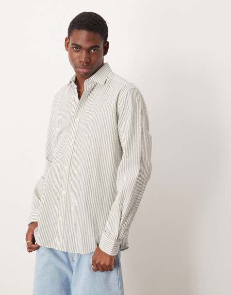 Mango cotton sheersucker long sleeve shirt in green stripe