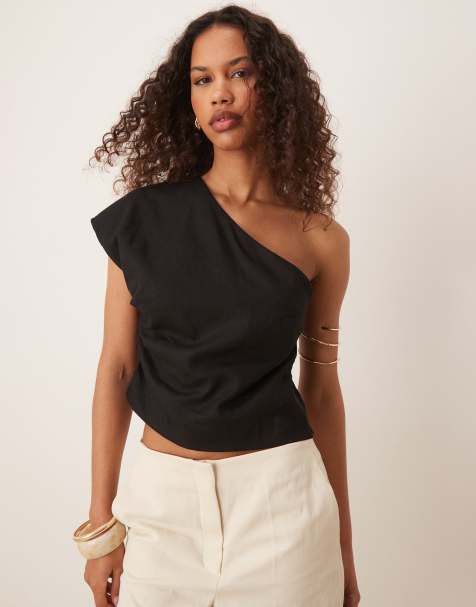 Mango – Tailliertes Oberteil in Schwarz mit One-Shoulder-Träger - view 1