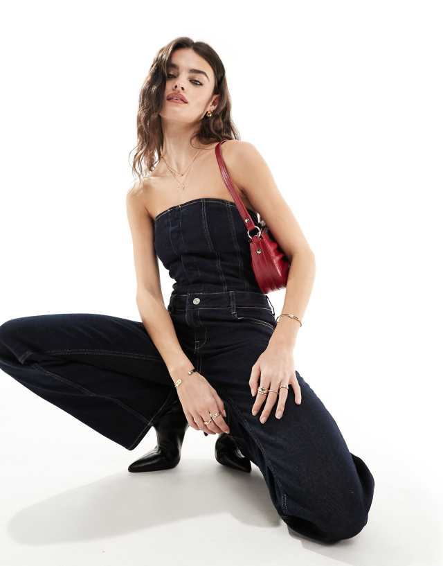 Mango - tailored denim bandeau jumpsuit in dark blue