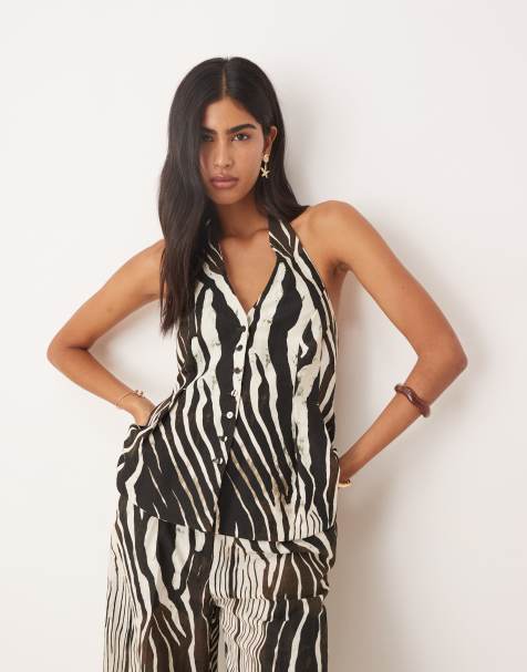 Mango tailored halter top in zebra print - part of a set - view 1