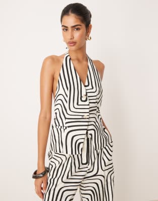 Mango Mango tailored halter waistcoat co-ord in mono abstract print-White