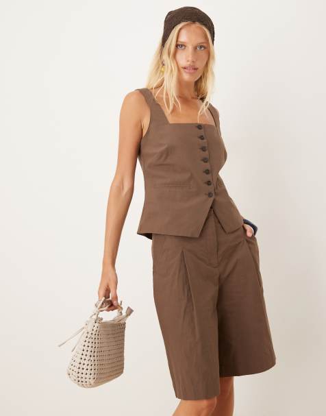 Mango tailored longline short co-ord in brown - view 1