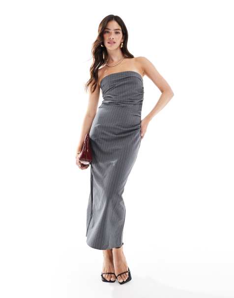 Mango tailored pinstripe bandeau midi dress in grey - view 1