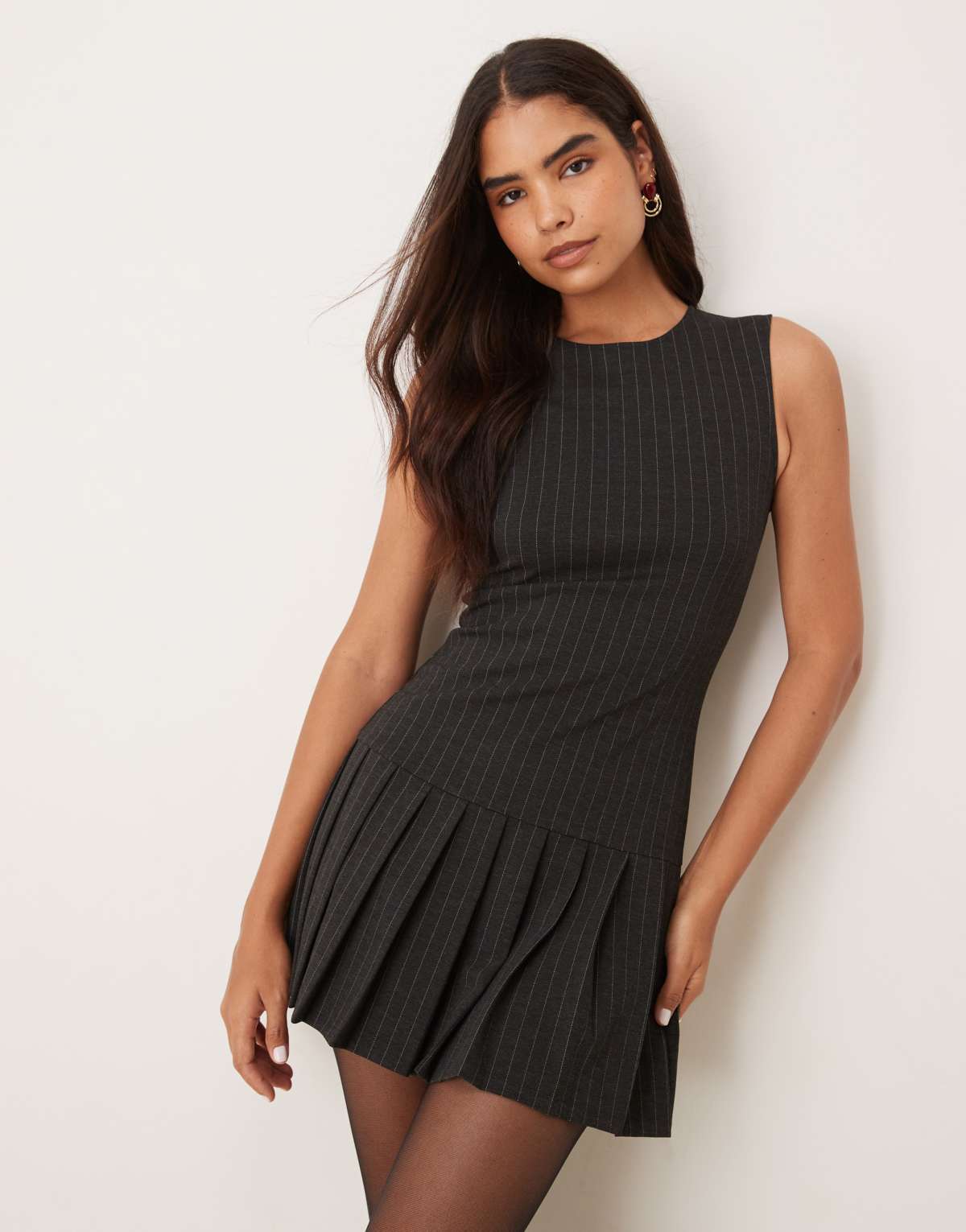 Mango tailored pleated hem sleeveless mini dress in grey pinstripe