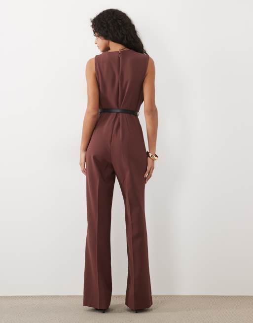 Mango tailored sleeveless belted jumpsuit in brown, 4 of 4