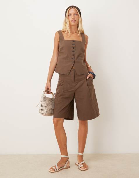 Mango tailored square neck waistcoat co-ord in brown - view 1