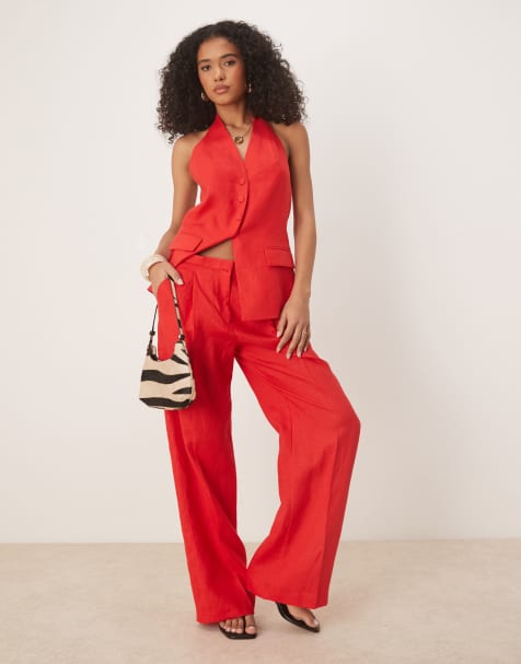 Mango tailored straight leg linen pants in red - part of a set - view 1
