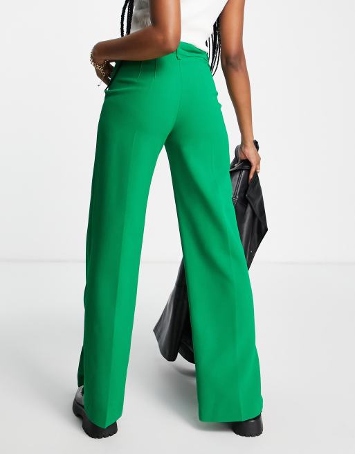 Flounce London satin high waist wide leg pants in bold green - part of a set