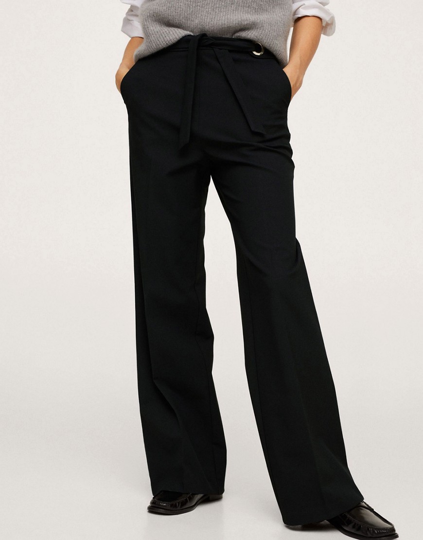 Mango Tailored Trousers With Waist Tie Detail In Black