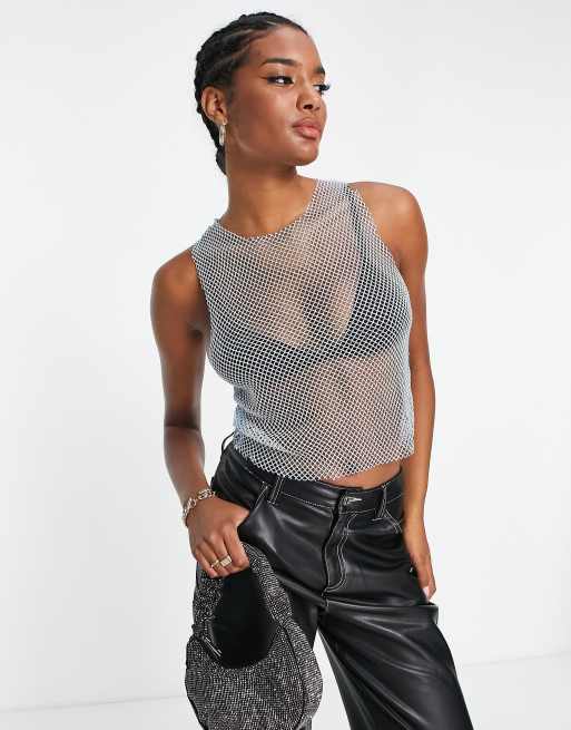 Mango - Tanktop van mesh in iriserend zilver