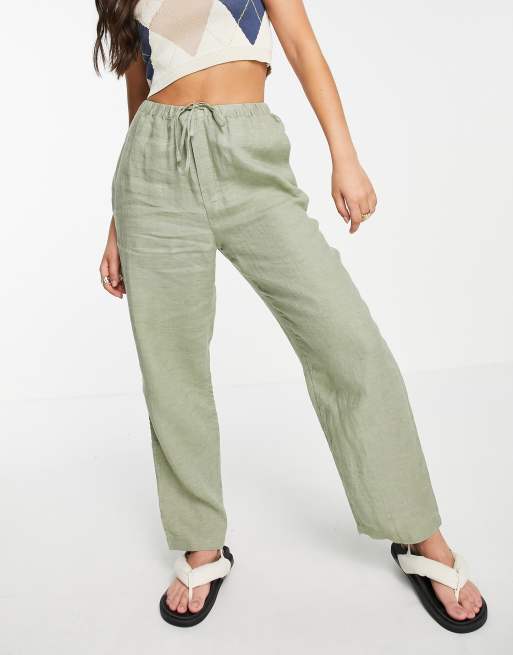 Mango tapered leg linen pants in khaki ASOS
