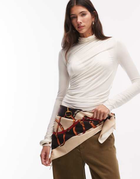 Mango – Taschenschal aus Satin in Beige mit Muster - view 1