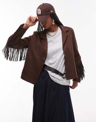 tassle sleeve western suede look jacket in brown