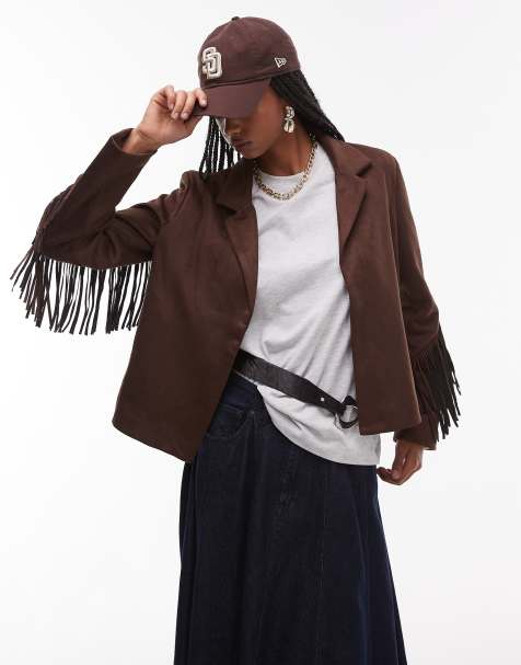 Mango tassle sleeve western suede look jacket in brown - view 1