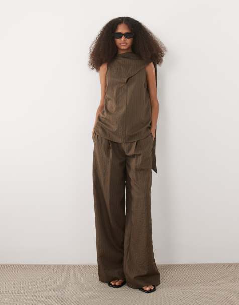 Mango - Tatu - Brune bukser med lige ben, læg foran, bindebånd foran og striber - Del af sæt - view 1