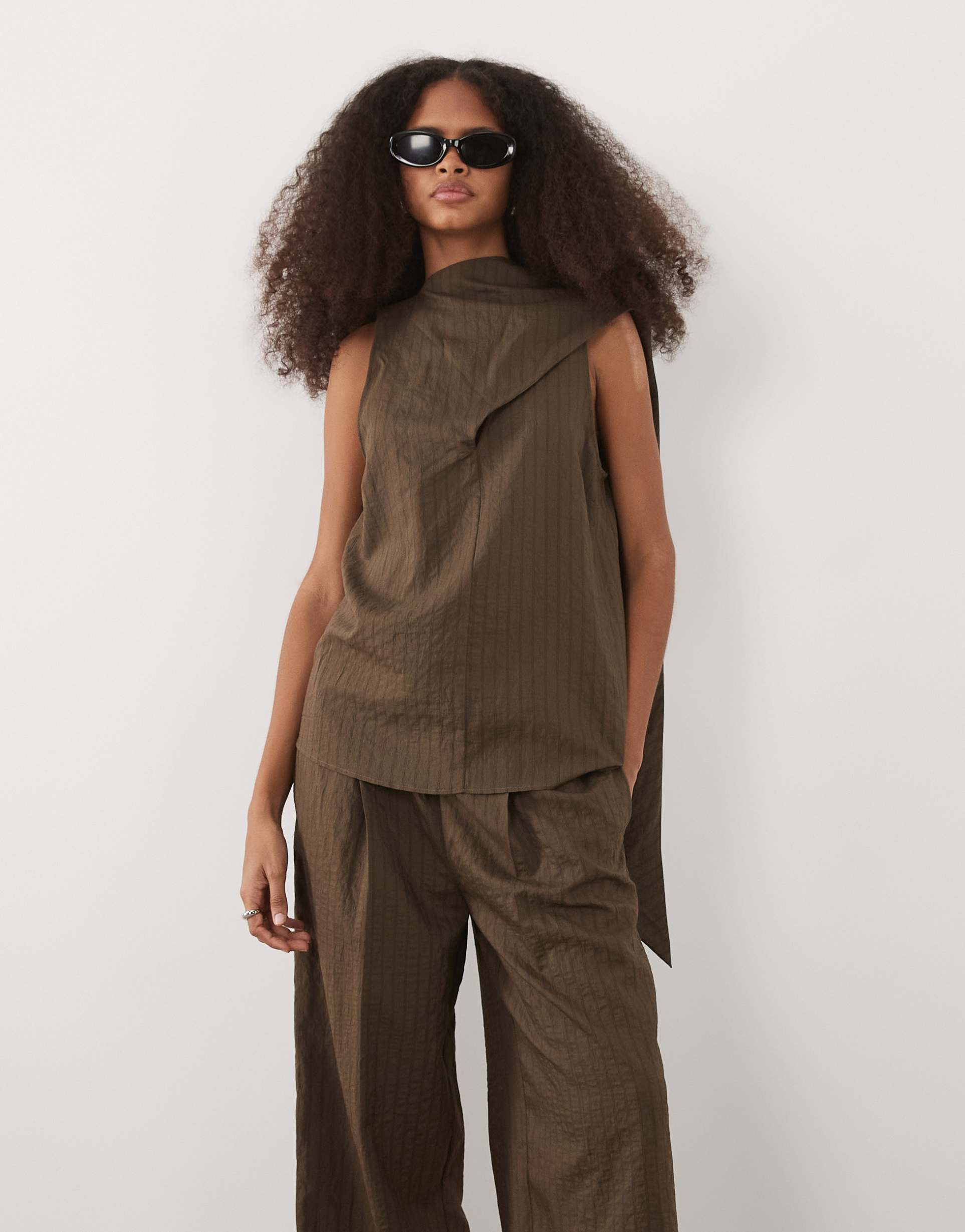 mango tatu cut-out scarf detail top co-ord in brown stripe