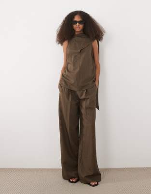 Mango Tatu Tie Front Pleat Front Straight Pants In Brown
