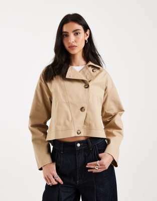 Mango Teen 100% Cotton Asymmetric Short Trench Coat In Neutral