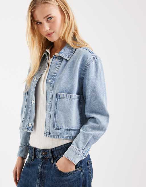 Mango Teen 100% cotton boxy denim jacket in light blue, 4 of 4
