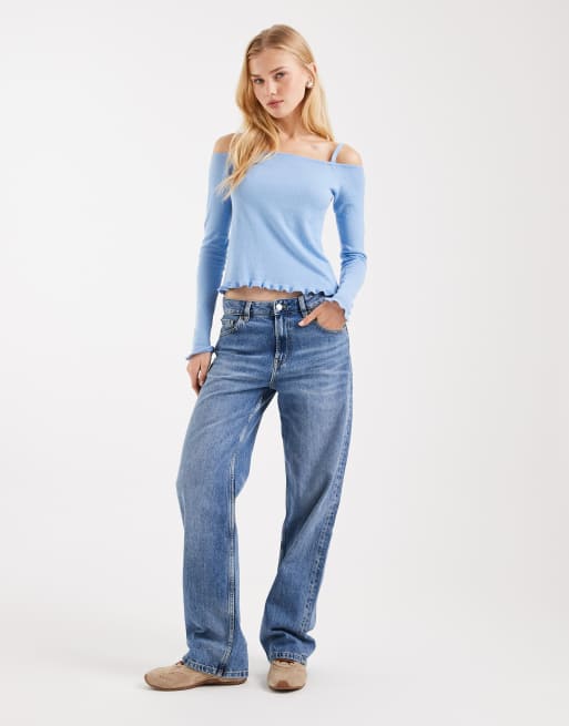 Mango Teen 100% cotton cold shoulder knitted top in pale blue, 3 of 4