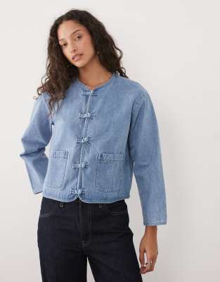 Mango Teen 100% Cotton Collarless Denim Jacket In Blue