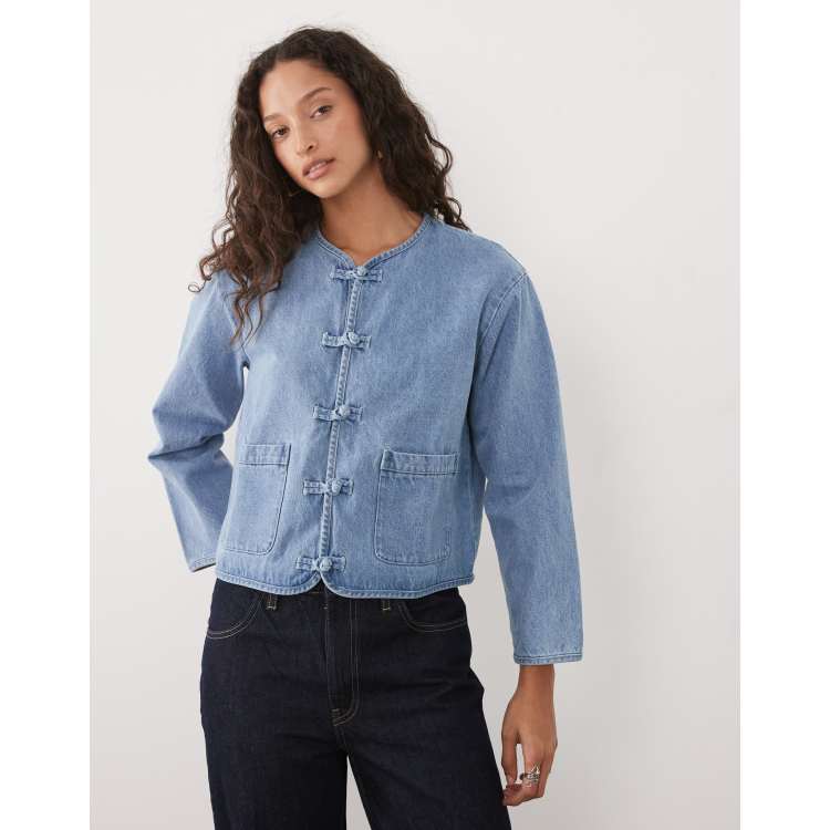 Mango Teen 100% cotton collarless denim jacket in mid blue | ASOS