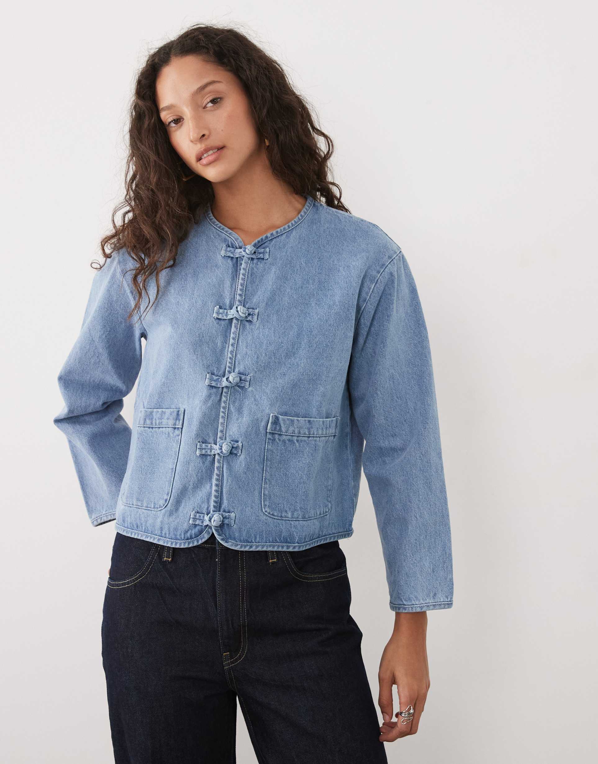 mango teen 100% cotton collarless denim jacket in mid blue