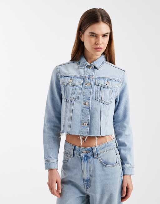 Mango Teen 100% cotton cropped denim jacket in light blue, 2 of 4