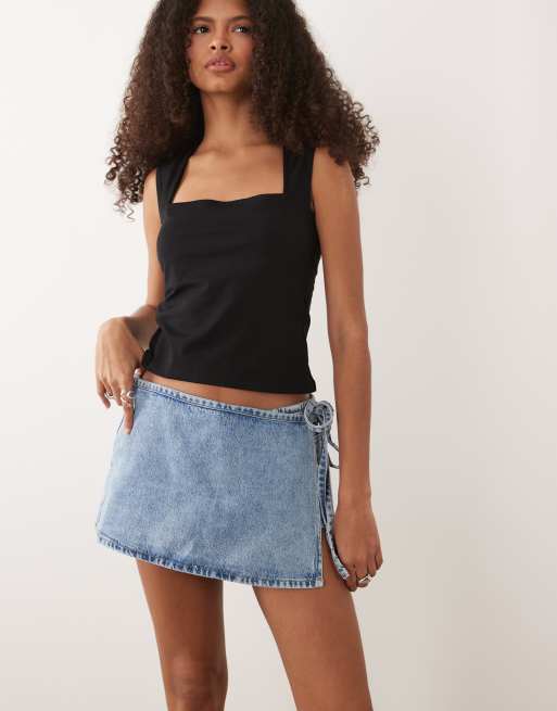 Mango Teen 100% cotton denim mini skort in mid blue, 2 of 5