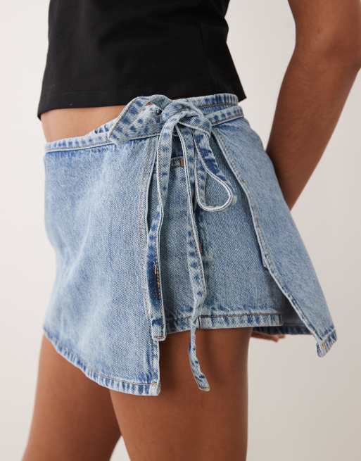 Mango Teen 100% cotton denim mini skort in mid blue, 4 of 5