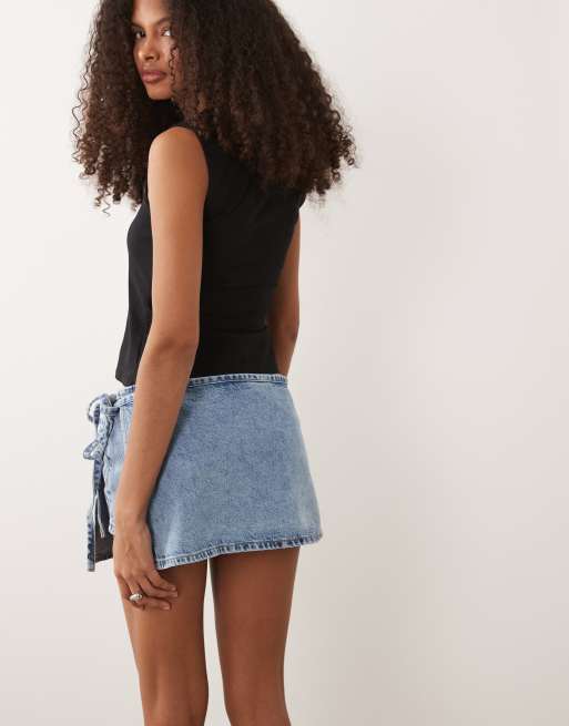 Mango Teen 100% cotton denim mini skort in mid blue, 5 of 5