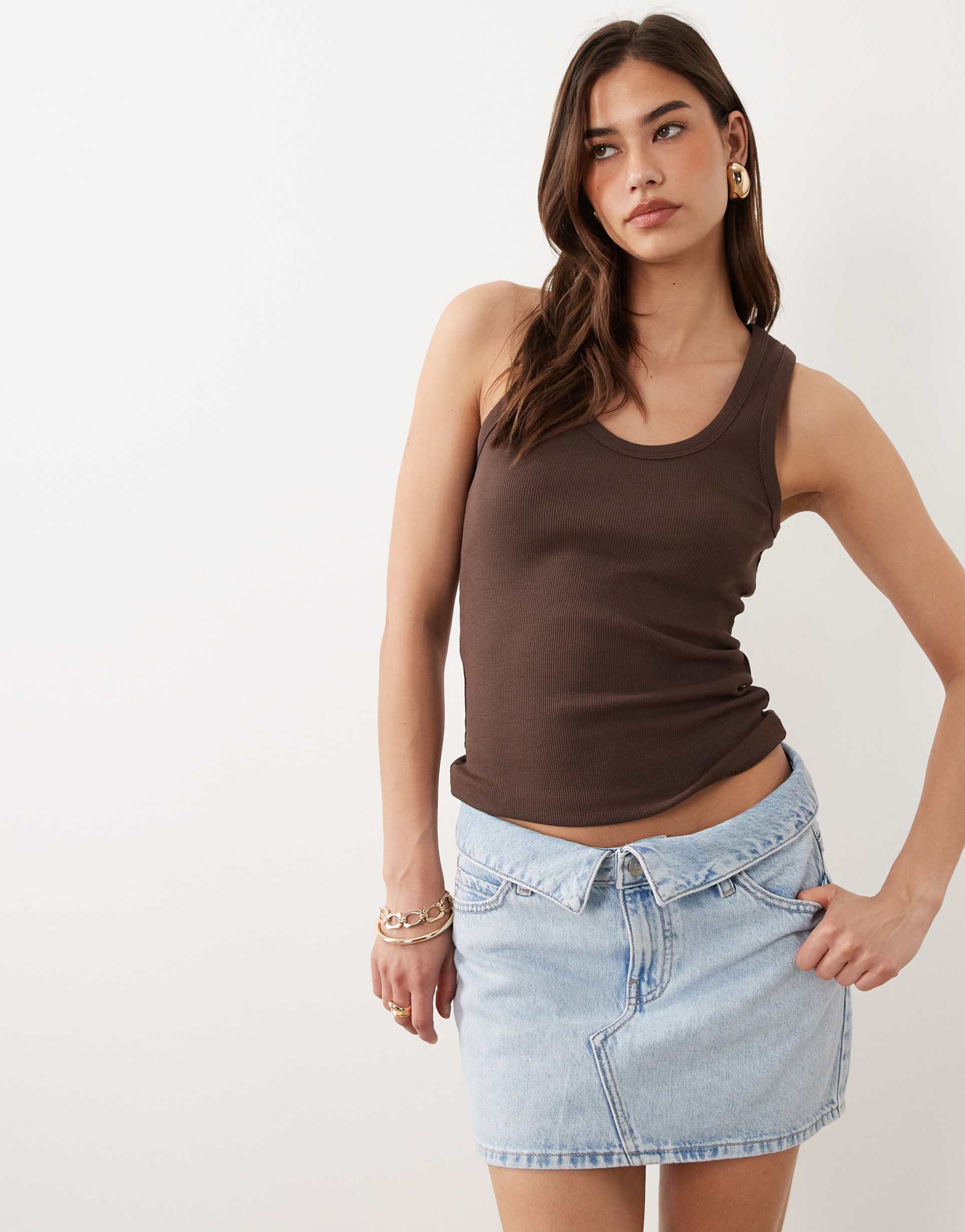 mango teen 100% cotton folded waist denim mini skirt in bleach wash