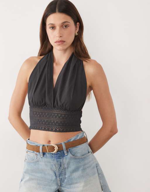 Mango Teen 100% cotton halterneck crochet detail top in charcoal, 3 of 4