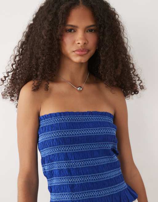 Mango Teen 100% cotton ruched off shoulder top in navy, 3 of 4