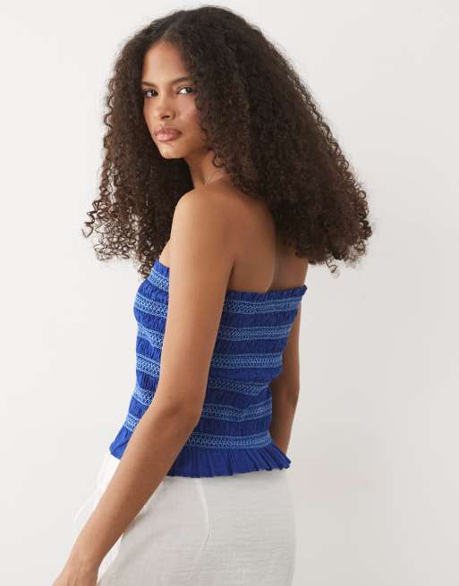 Mango Teen 100% cotton ruched strapless top in navy, 4 of 4