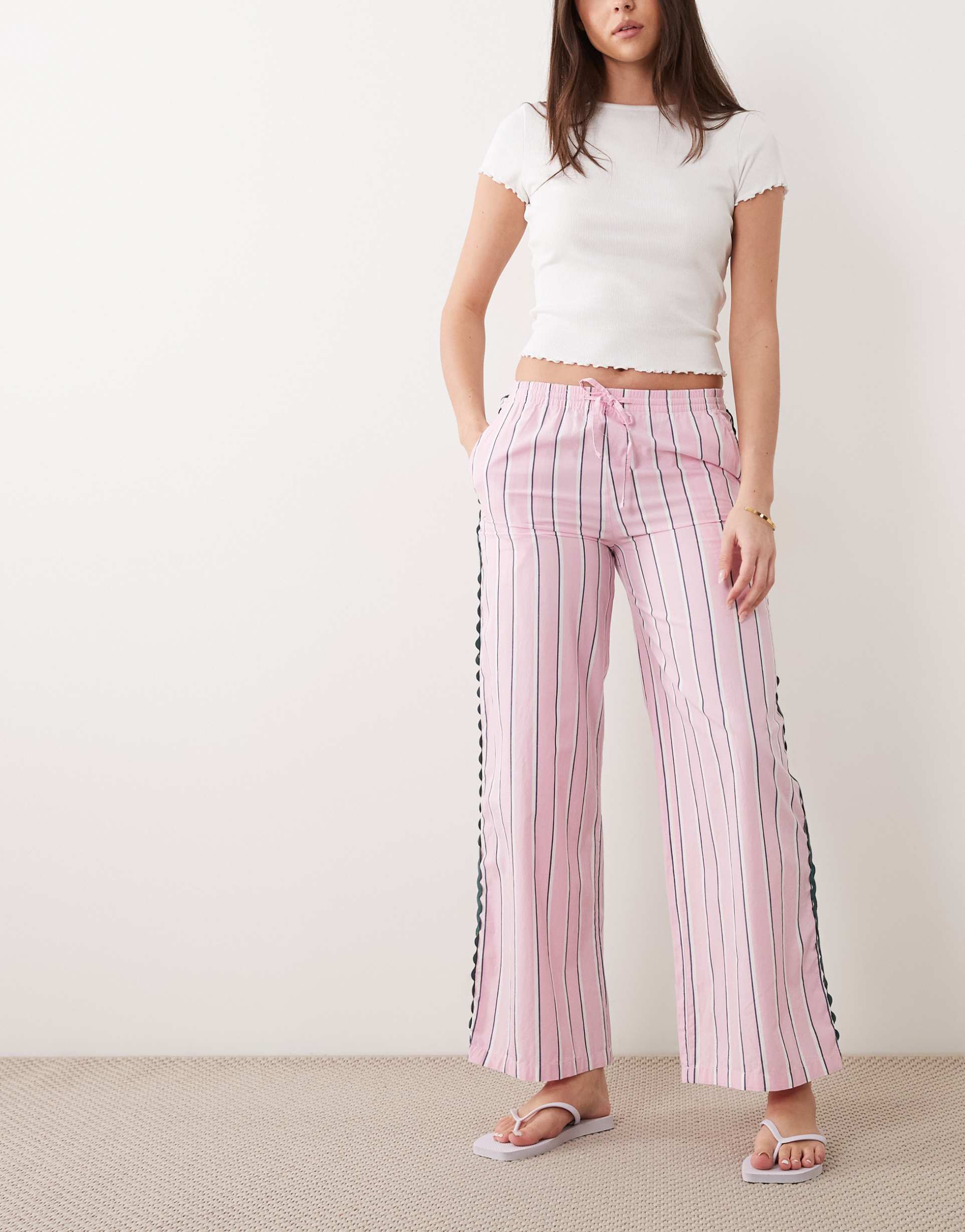 mango teen 100% cotton straight leg pants in pink and green stripes