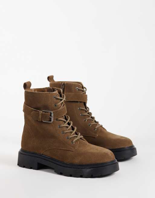 Mango Teen 100% leather suede buckle detail moto boot in brown, 3 of 4