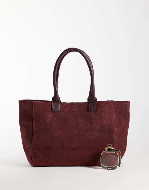 Mango Teen 100% leather suede tote bag in burgundy, 2 of 4