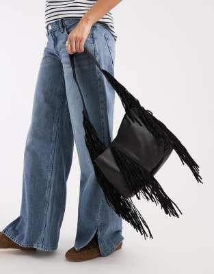 Mango Teen 100% Leather Tassle Detail Shoulder Bag In Black